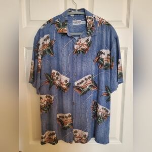 Boca Classics Button Hawaiian Shirt Mens L Blue Floral Short Sleeve Rayon